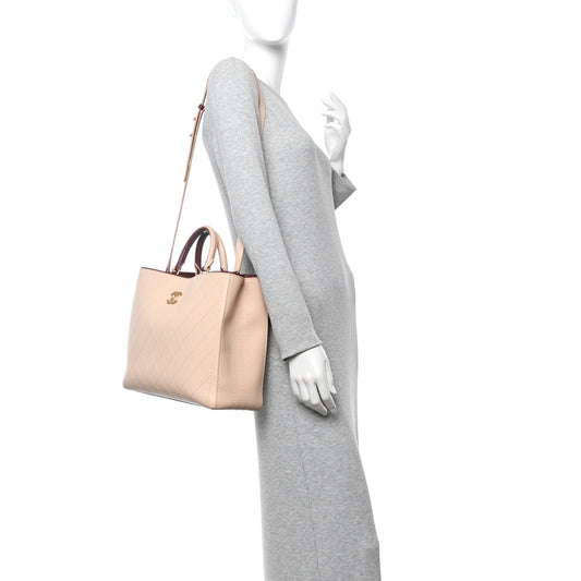 Bullskin Stitched Bi-Color Large Shopping Tote Beige Burgundy