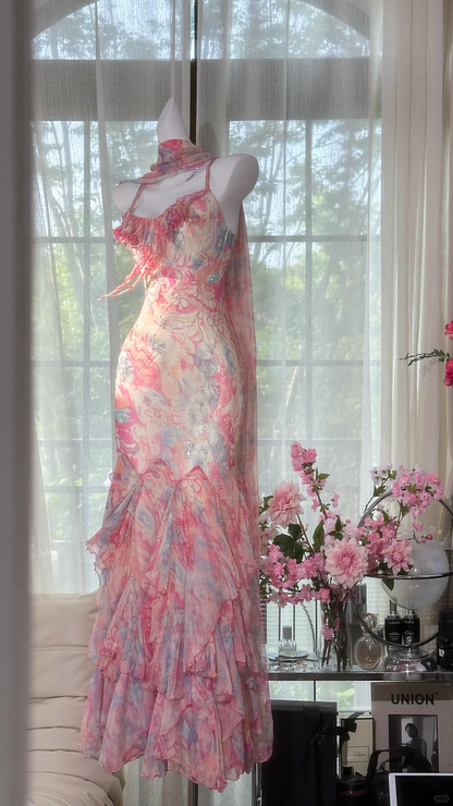 Elegant Fairy Mermaid Long Chiffon Spaghetti Strap Ball Gown Evening Dress Prom Dresses TP3966
