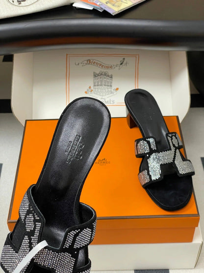 HM 25S ORAN HIGH‐HEEL SANDAL 50 MM IN BLACK LAMBSKIN WITH WHITE STONE DETAILS