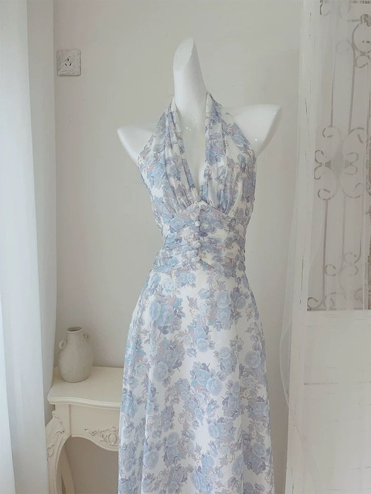 Sexy Chiffon Print Floral Long Prom Dress Halter V Neck Party Evening Gown cc1480
