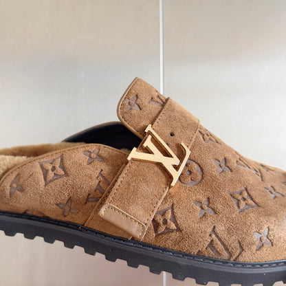 LV 25 Birkenstock Platform Slippers Brown Suede Wool 576215
