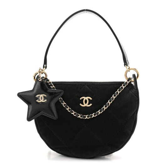 Velvet Effect Nylon Shiny Crumpled Calfskin Coco Neige Quilted Clutch With Chain Black