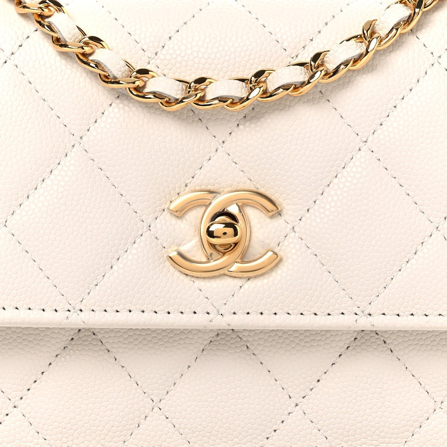 Shiny Caviar Quilted Flap Charm Wallet On Chain WOC White