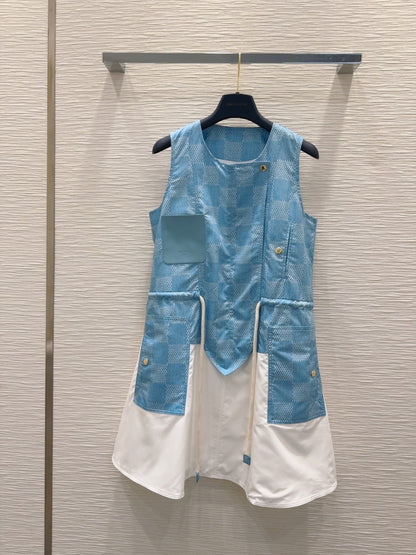 LV 25 Checkered Shirt With Pocket Dynamic Dress White Blue Polyester