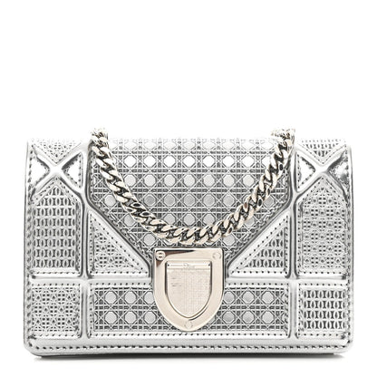 Metallic Patent Micro-Cannage Baby Diorama Flap Bag Silver