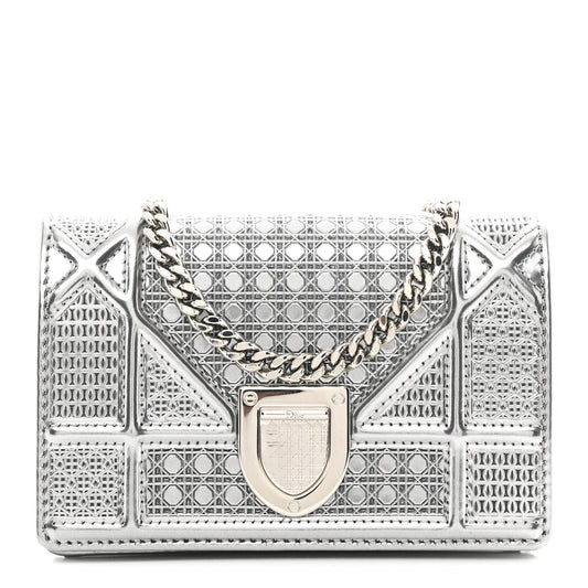Metallic Patent Micro-Cannage Baby Diorama Flap Bag Silver