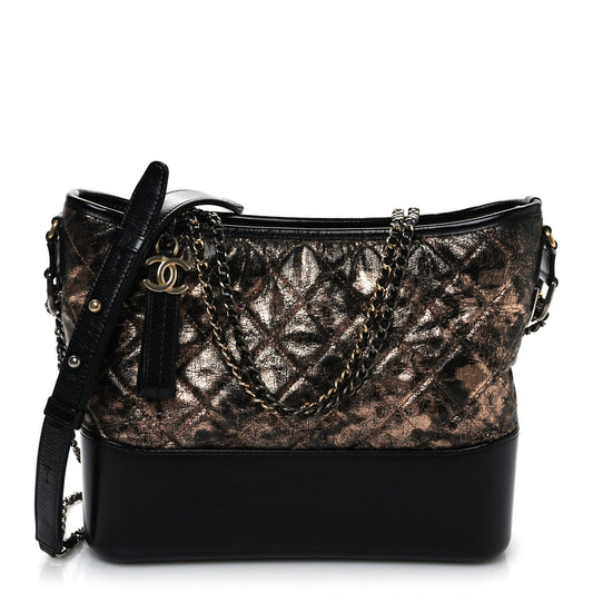 Metallic Crumpled Goatskin Quilted Medium Gabrielle Hobo Black Rose Gold