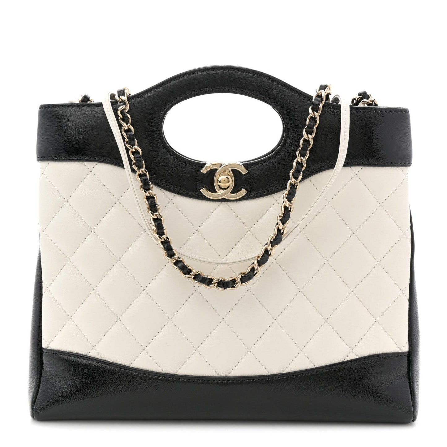 Patent Calfskin Quilted Mini 31 Shopping Bag White Black