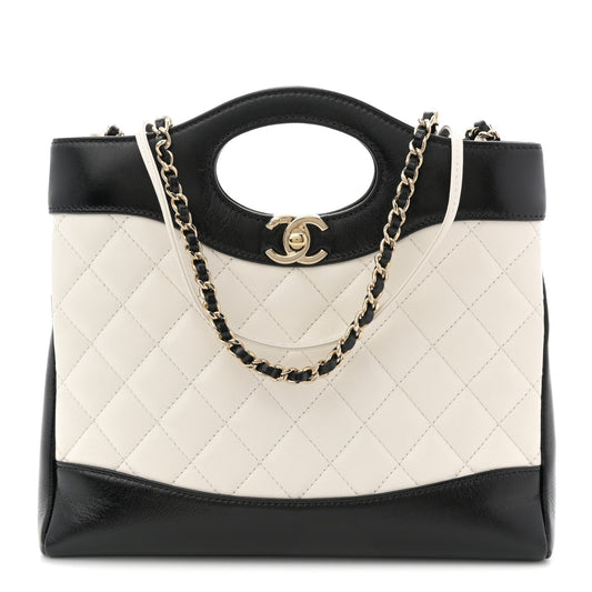 Patent Calfskin Quilted Mini 31 Shopping Bag White Black
