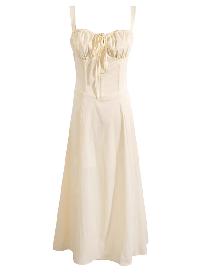 2025 Summer New Yellow Slit Sexy Waist Drawstring Holiday Suspender Dress R0938