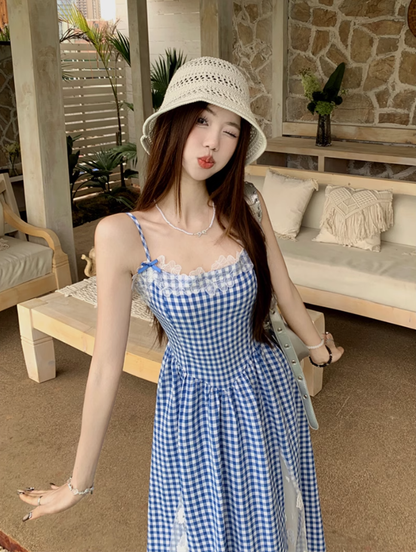 Fairy pure waist skirt suspenders plaid long skirt lace holiday style dress R1753