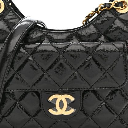 Shiny Crumpled Calfskin Quilted Small Wavy CC Hobo Black