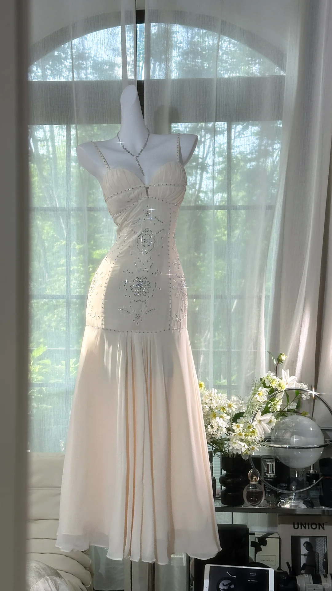 Shiny Ivory Sequined Sweetheart Spaghetti Strap Design Chiffon Prom Dress Evening Dress TP4243