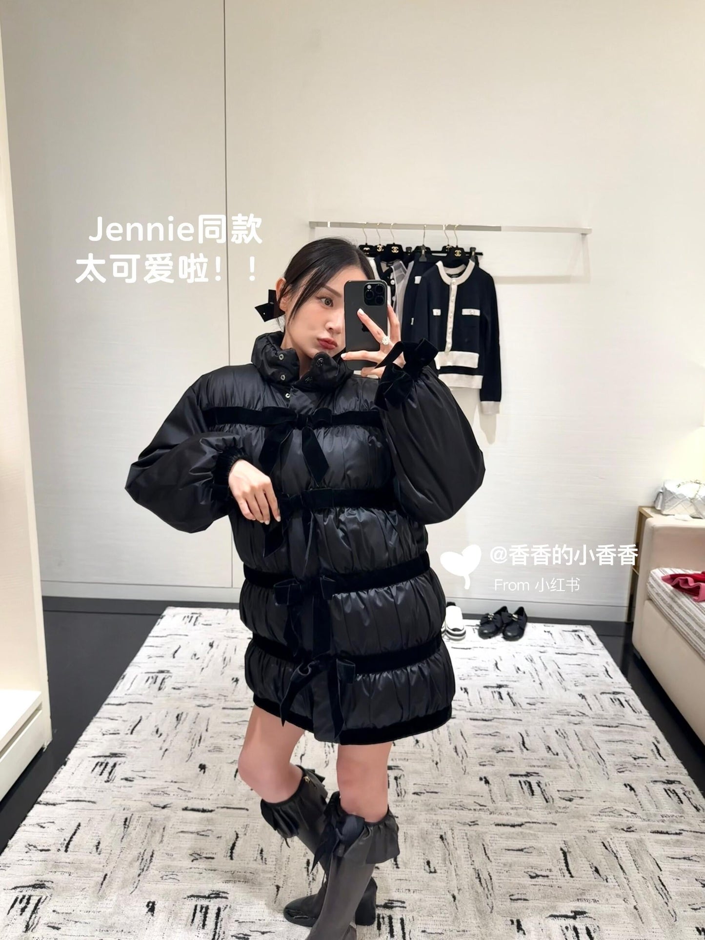 CC Velvet Bow-Tie Long Down Black Jacket