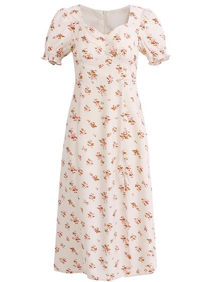 2025 Summer New French Square Neck Puff Sleeve Mid-Length Floral Waist Dress R0928