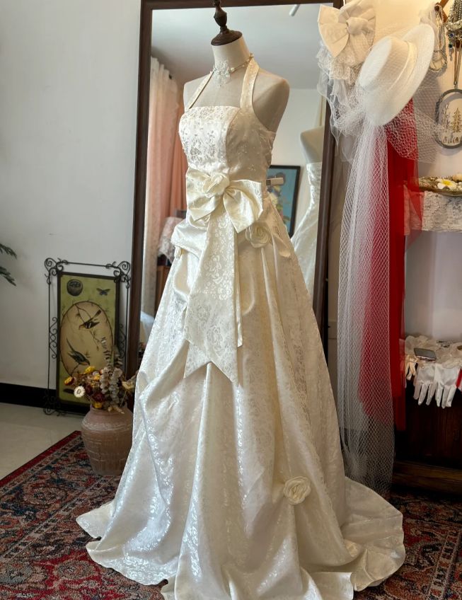 Glamorous A-Line Halter Neck Oversized Bow Brocade Wedding Dress Floral Bridal Gown TP5088
