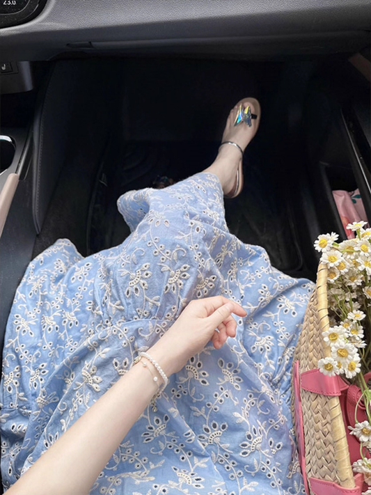 Vintage Light Blue Floral Prom Dress A-Line Short-sleeve Evening Dress Long Summer Dress TP4720