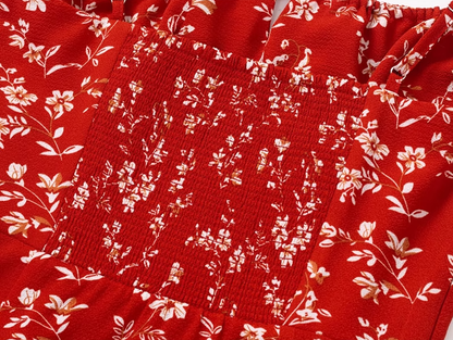 2025 Summer New Red Floral Waisted Seaside Vacation Short Suspender Dress R0950