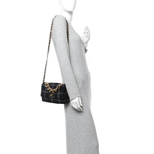 Wool Tweed Quilted Small Elegant Chain Flap Black Grey