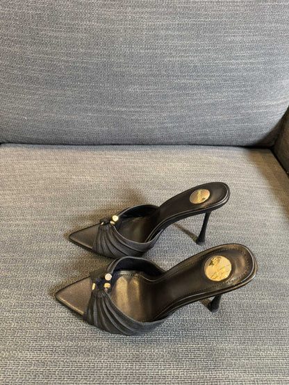 LOLA HIGH MULES IN BLACK SMOOTH LAMBSKIN AND DRAPED JERSEY