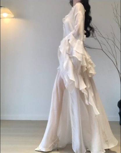 2025 unique and beautiful small suit Qianjinfeng chiffon top skirt high-end small dress two-piece suit R0412