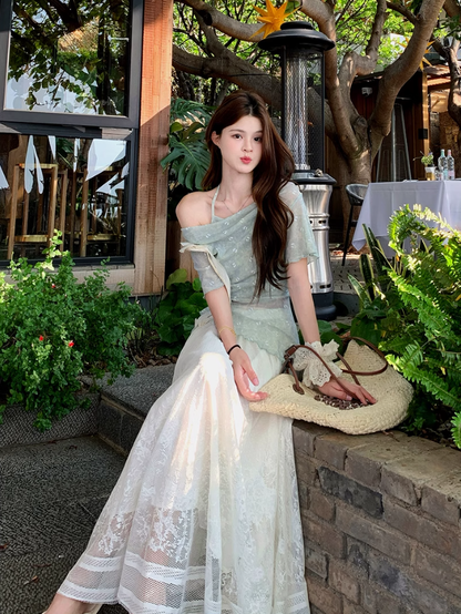 Fairy fake two-piece irregular halter neck short-sleeved T-shirt complete skirt suit R1757