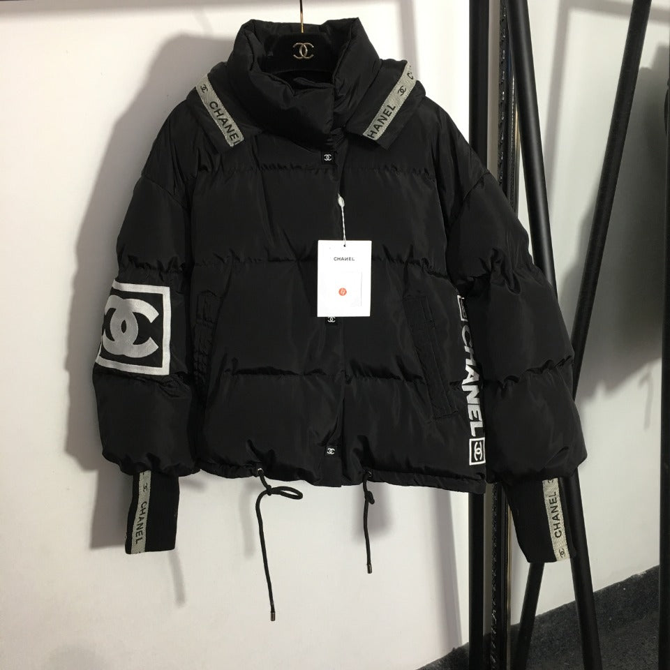 CC Logo Embroidered Letters Ribbon Stitching Long-Sleeved Hooded Cotton Jacket
