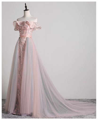 Vintage Pink Floral Applique A-Line Evening Gown Tulle Off-the-shoulder Party Dress Long Formal Dress TP4950