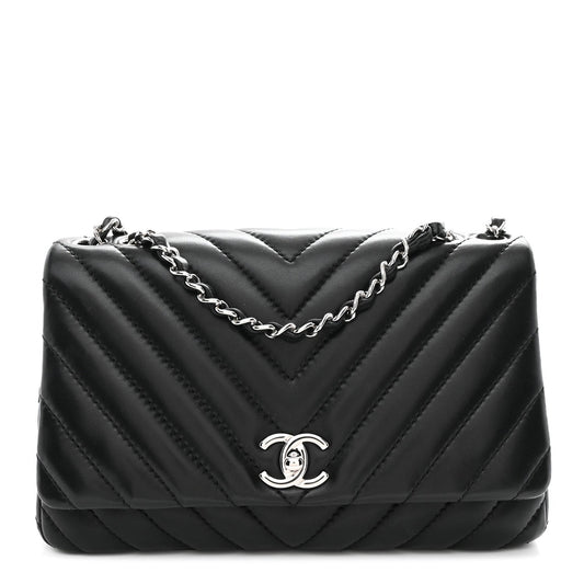 Lambskin Surpique Chevron Medium Single Flap Black