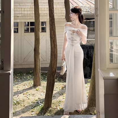 Gorgeous Ivory Off-the-shoulder Sweetheart Applique Beaded Mermaid Long Prom Dress Evening Dress TP4356