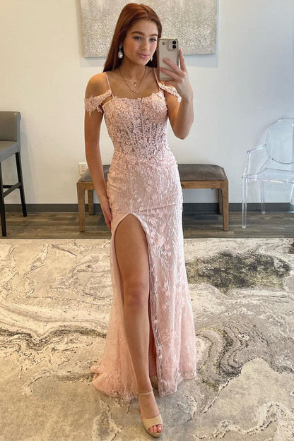 omberprom Mermaid Evening Dress Spaghetti Straps Sequined Lace Prom Dress with Slit