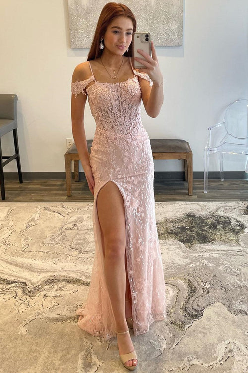 omberprom Mermaid Evening Dress Spaghetti Straps Sequined Lace Prom Dress with Slit