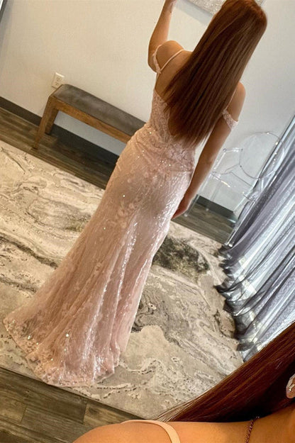 omberprom Mermaid Evening Dress Spaghetti Straps Sequined Lace Prom Dress with Slit
