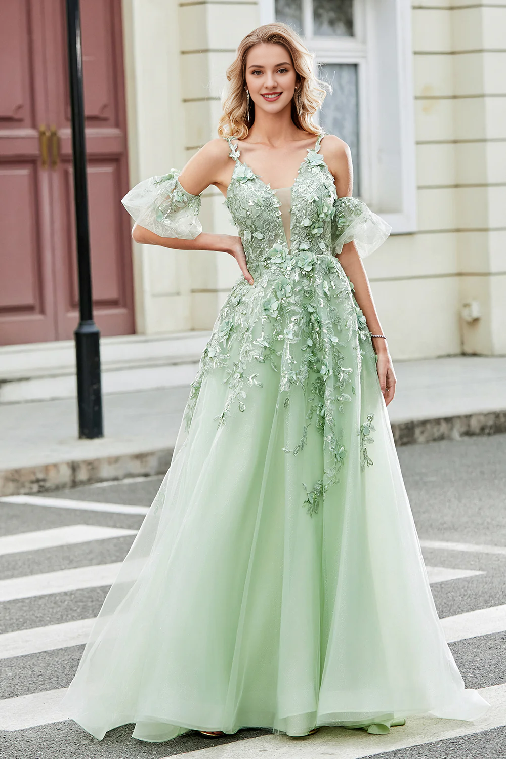 omberprom A-Line Sage Prom Dress Spaghetti Straps Evening Dress Corset Appliqued with Detachable Sleeves