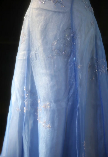 Vintage Gradient Light Blue A-line Spaghetti Strap Beaded Tulle Long Prom Dress Evening Dress P4300