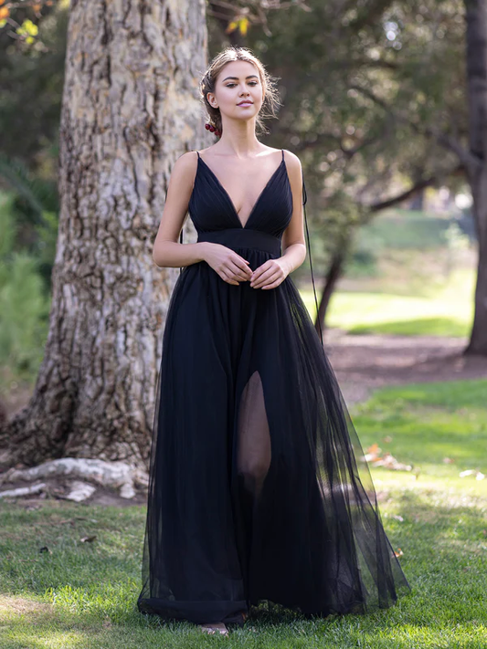 omberprom Elegant Deep Evening Dress V-neck Tulle Sweep Train Prom Dress