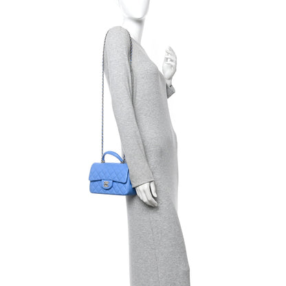 Lambskin Quilted Mini Top Handle Rectangular Flap Blue