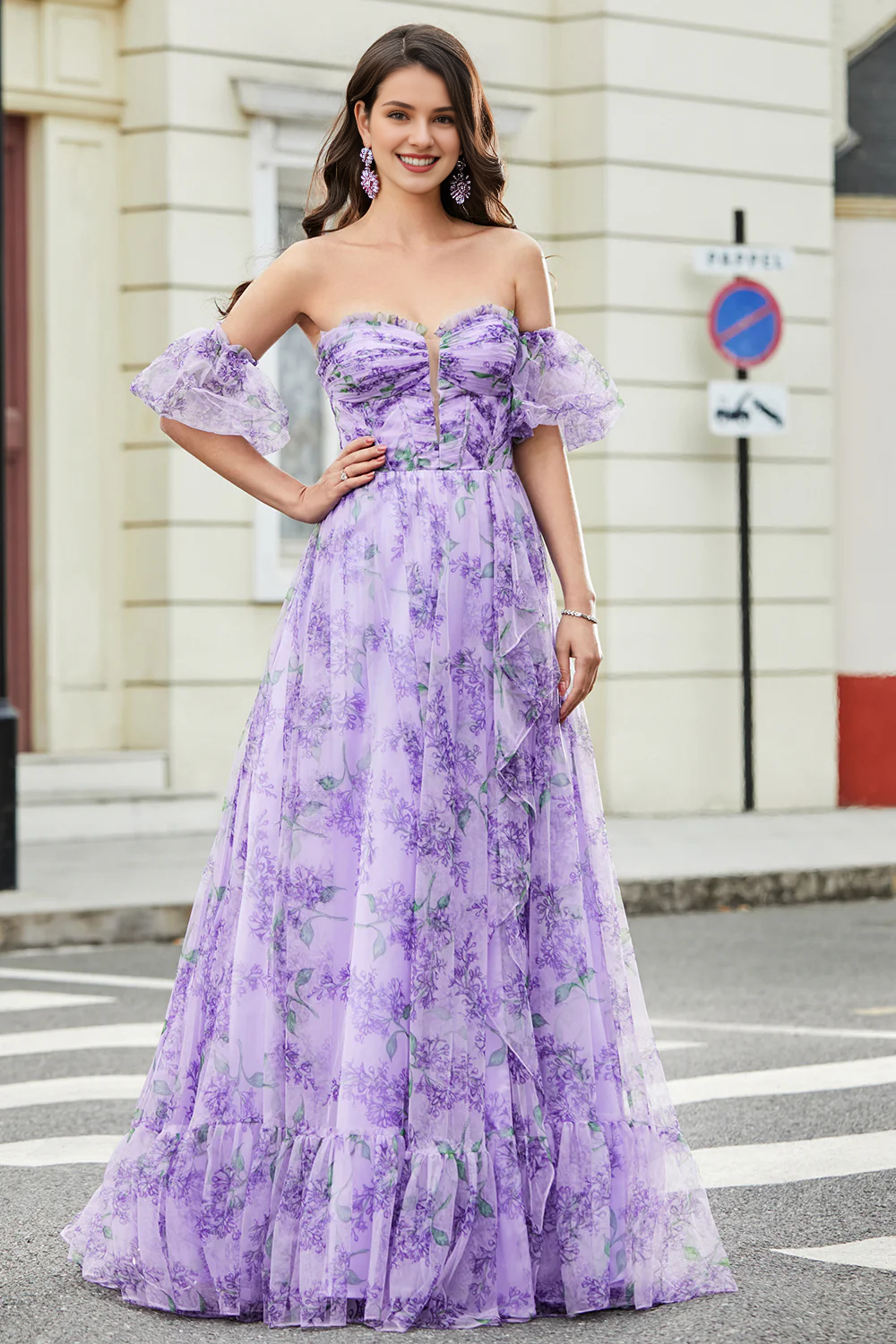 omberprom Lavender Evening Dress A Line Off the Shoulder Long Prom Dress with Removable Sleeves