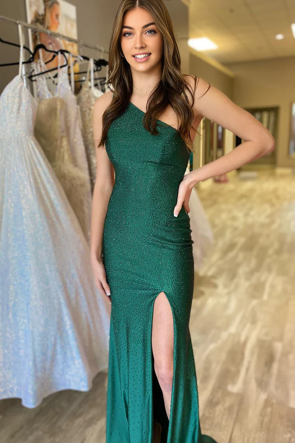omberprom Mermaid Evening Dress One Shoulder Beaded Jersey Prom Dress with Slit