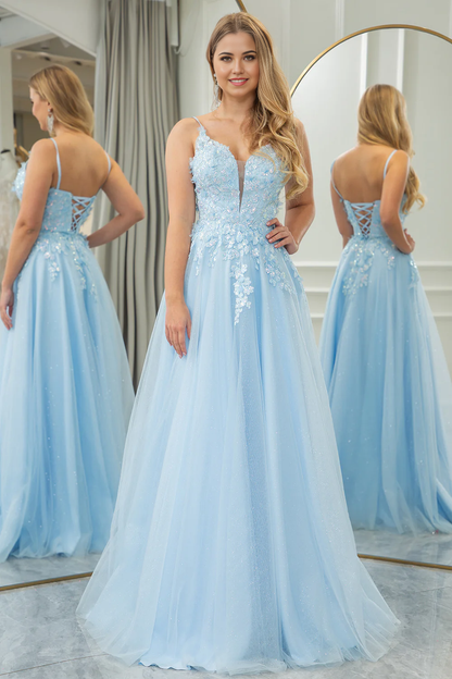 Liymcdress A Line Tulle Long Prom Dress With Sequined Light Blue Evening Dress Appliques