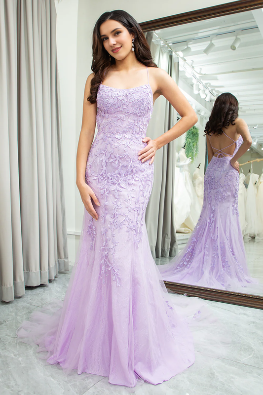 omberprom Lilac Mermaid Evening Dress Spaghetti Straps Long Prom Dress with Appliques