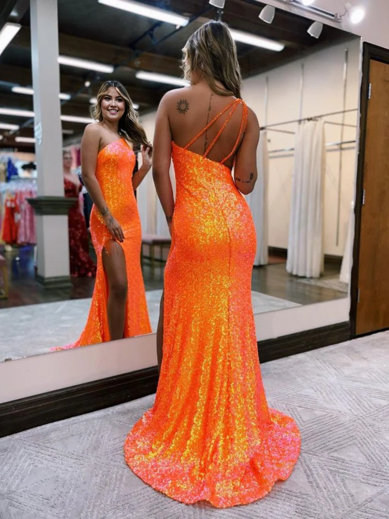 omberprom Mermaid One-Shoulder Evening Dress Sequins Prom Dress With Tassels