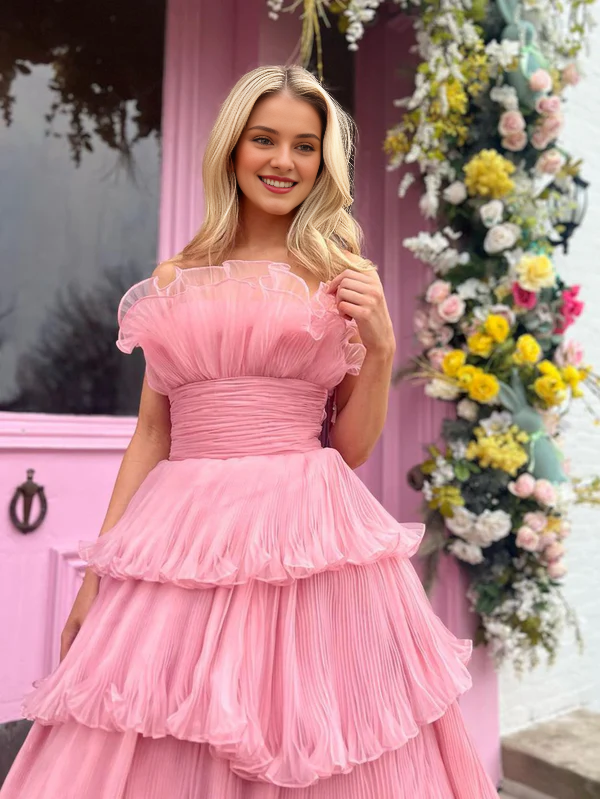 omberprom Elegant Pink Strapless A-Line Evening Dress Tiered Crinkled Tulle Prom Dress
