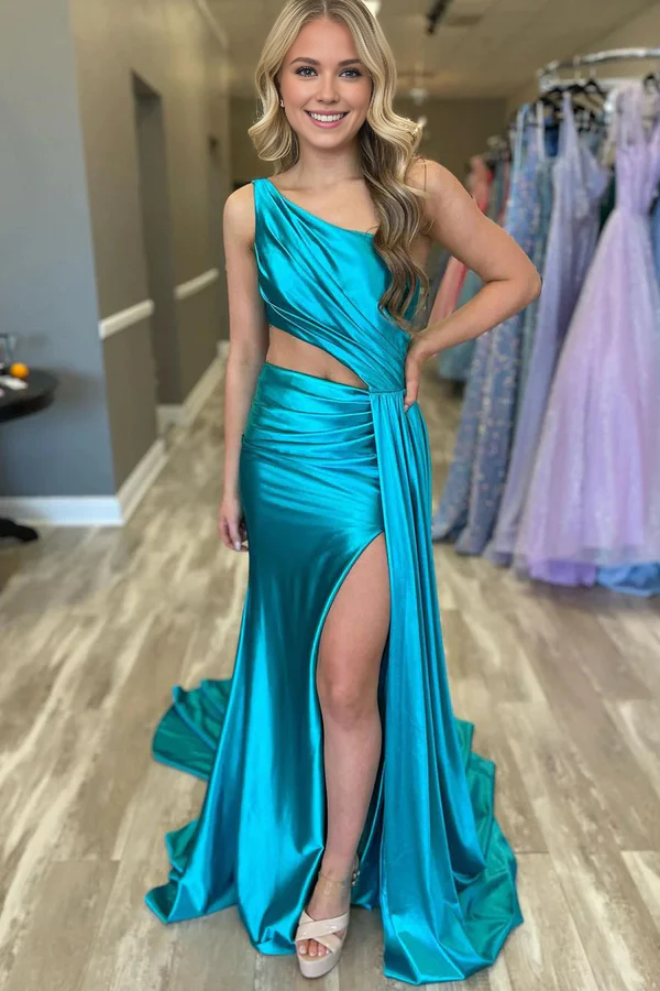 omberprom Mermaid Evening Dress One Shoulder Satin Prom Dresses with Slit Charming
