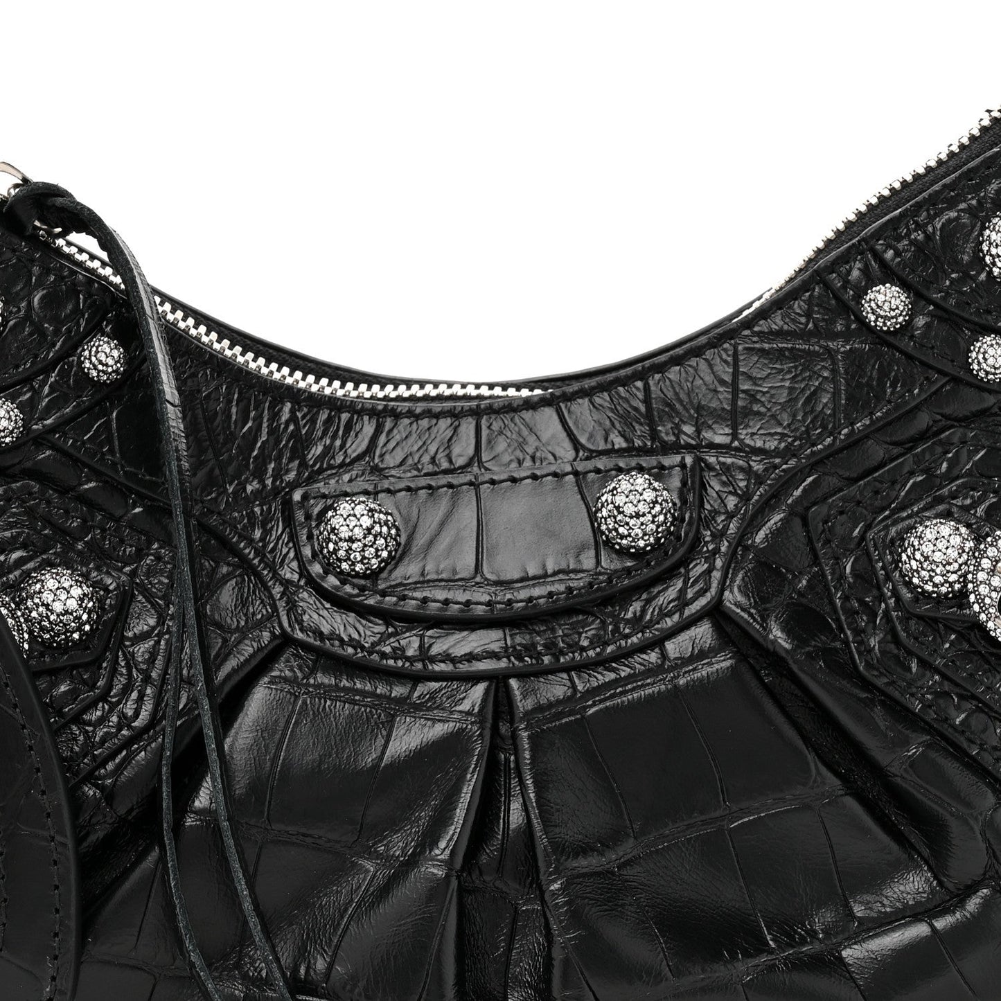 Extra Supple Calfskin Crystal Crocodile Embossed Le Cagole Shoulder Bag XS Black