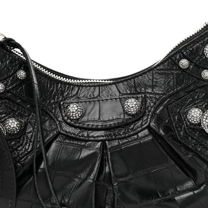 Extra Supple Calfskin Crystal Crocodile Embossed Le Cagole Shoulder Bag XS Black