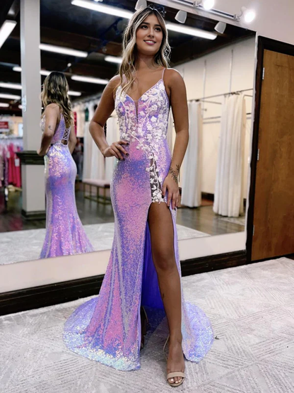 omberprom Elegant Purple Evening Dress Glitter Floral Long Prom Dress with Slit