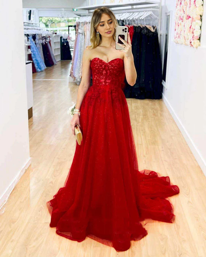 omberprom Elegant Red Evening Dress Strapless A-Line Long Prom Dress with Appliques