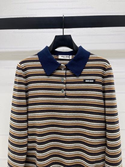 Miu Miu Striped Logo Polo Shirt beige and brown virgin wool 340970