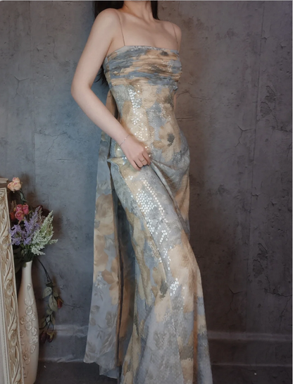 Vintage Fitted Spaghetti Strap Sequined Long Prom Dress Evening Dress P4308